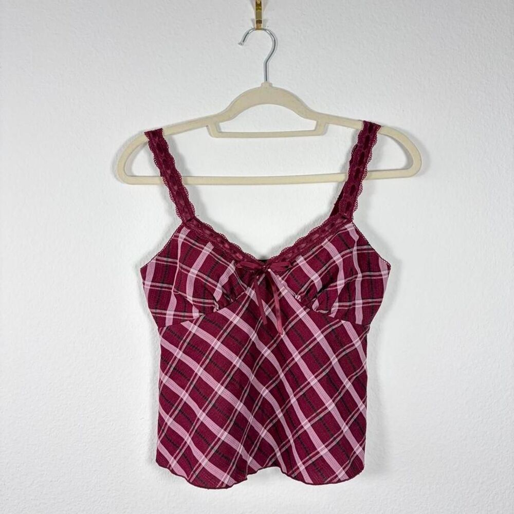 No Boundaries Babydoll Tank Top Women's S Y2K Lace Vintage Plaid Pink Feminine